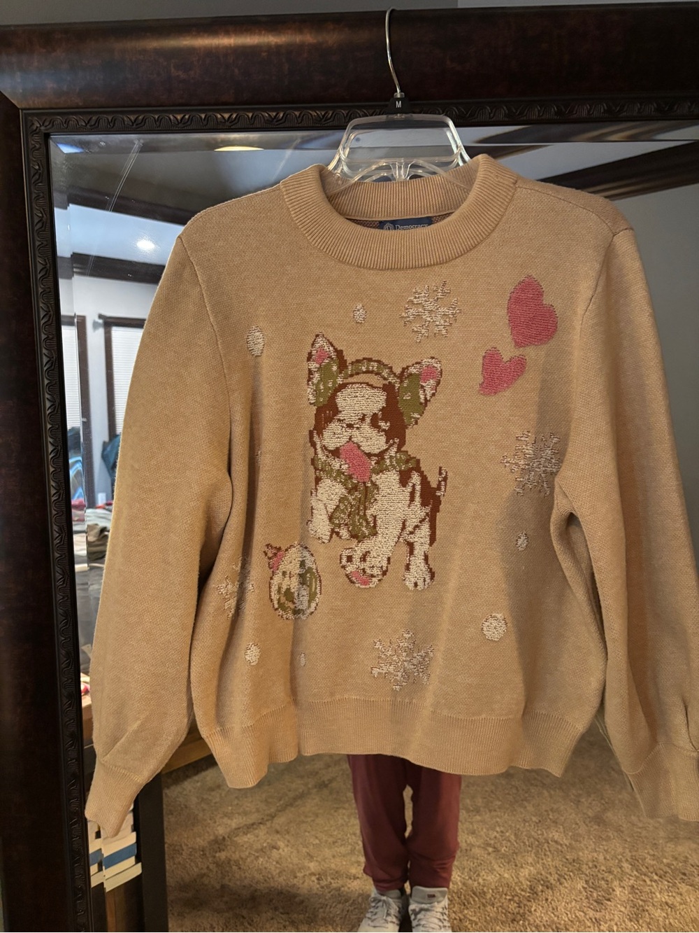 Democracy Beige Crewneck Sweater with Puppy and Pink Heart Accents